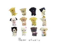 a bunch of small stuffed animals are shown in this image with the words bear studio written below them