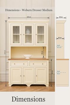 the measurements for a white cabinet with glass doors and drawers are shown in this image