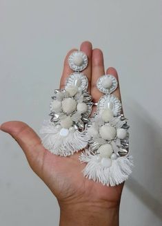 Bohemian White Pearl Earrings, Bohemian White Beaded Earrings, Bohemian White Dangle Pearl Earrings, Elegant Handmade Silver Tassel Earrings, White Bohemian Dangle Pearl Earrings, Silver Tassel Earrings For Wedding, Glamorous White Bridal Earrings For Wedding, Handmade Tassel Earrings For Wedding, Handmade Bohemian Bridal Earrings For Party