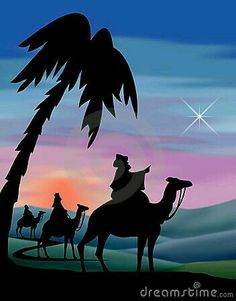 the three wise men are traveling through the desert with their camels and palm trees