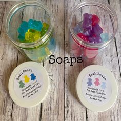 "Bath Bears Soap in a Jar makes bath time fun!  These all natural glycerin mini bear soaps come in a 8 oz. reusable plastic jar with white lid. The mini bear soaps are perfect for single use hand washing or bath time.  Please use adult supervision with young children since they look and smell yummy enough to eat!  The jars come in two color versions:  pink, purple and light blue or green, blue and yellow.  Choose what color option you want from the option drop down. Each jar contains about 24 bears and they are scented with fruit loops fragrance oil. (Convo me if you would prefer a difference fragrance or unscented.)  This Bath Bears Soap in a Jar is perfect as a party favor, birthday gift, or holiday gift. Bear soap measures approx. .75\" x .25\" and weighs approx. .01 oz. These soaps are Christmas Soap Ideas, Diy Soap Ideas, Whipped Soap Diy, Easter Soap, Jelly Soap, Kid Christmas, Candle Bar, Christmas Soap