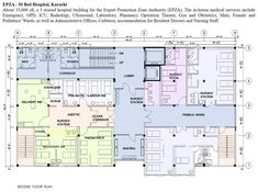 the floor plan for an office building with two floors and three levels, in different colors