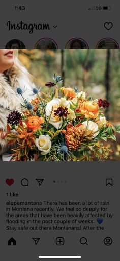 an instagram page with flowers and text on the bottom right corner, below it is a photo of a woman holding a bouquet