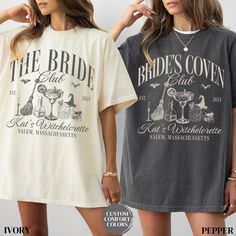 two women wearing t - shirts that say the bride and groom