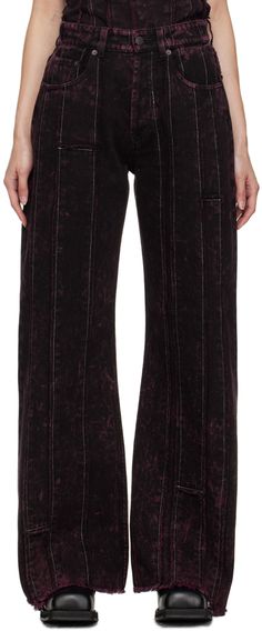 Find Acne Studios Burgundy Loose Fit Jeans on Editorialist. Wide-leg garment-dyed non-stretch denim jeans. Bleached effect and frayed edges throughout. · Paneled construction · Belt loops · Five-pocket styling · Button-fly · Contrast stitching in white Supplier color: Black/Wine red Bleached Jeans Design, Dark Wash Bottoms With Button Closure For Streetwear, Acid Wash Denim Grunge Bottoms, Dark Wash Button Closure Bottoms For Streetwear, Faded Grunge Denim Jeans, Bleach Dyed Jeans, Dyed Jeans, Bleach Pants, Funky Jeans