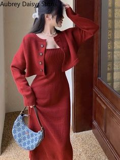 Korean Fashion Office, Red Knit Dress, Knitting Dress, Stile Hijab, Fashion Office, Elegante Casual, Modest Fashion Outfits, Cardigan Sweaters For Women