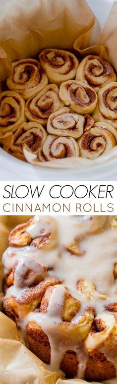 cinnamon rolls with icing on top in a white bowl next to the recipe for slow cooker cinnamon rolls