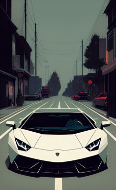 a white sports car driving down a street next to tall buildings