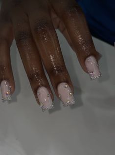 Medium Chrome French Tip Nails, Sparkle French Tip Nails Square, Light Pink And Silver Nails Prom, Silver French Tip Pedicure, Glitter French Tips Acrylics Short, Sparkly Biab Nails, Jeweled French Tip Nails, Shorties Acrylic Nails Square Design, Silver Prom Nails Short