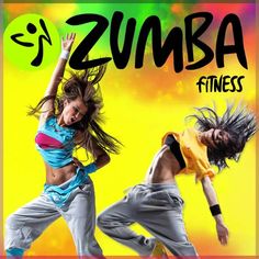 two young women are dancing in front of a yellow background with the words zumba fitness