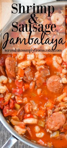 shrimp and sausage jambaca in a pan with text overlay