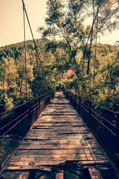 an old wooden bridge in the woods