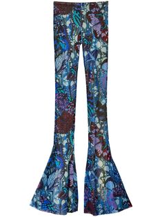 violet blue/multicolour mesh design butterfly print all-over graphic print elasticated waistband skinny cut flared hem Blue Flares With Flared Hem For Spring, Blue Flared Hem Flares For Spring, Stretch Floral Print Bottoms For Party, Blue Stretch Flares For Summer, Blue Stretch Flares For Spring, Blue Flare Bottoms For Party, Blue Flare Pants For Party, Summer Stretch Blue Flares, Spring Stretch Blue Flares