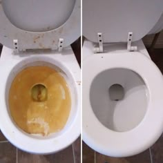 two pictures of a toilet with the seat up and an open lid on one side