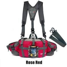 a red and grey waist pack with two bottles in it's back straps