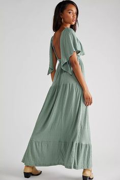 La La Maxi Dress | Free People Billowy V-neck Maxi Dress For Summer, Solid Flowy Maxi Dress With Flutter Sleeves, Flowy Maxi Dress With Ruffle Hem And Sleeves, Flowy Maxi Dress With Flutter Sleeves, Spring Maxi Dress With Flutter Sleeves, V-neck Tie Back Maxi Dress, Solid V-neck Maxi Dress With Tie Back, V-neck Maxi Dress With Tie Back For Brunch, Short Sleeve Maxi Dress With Tie Back For Brunch