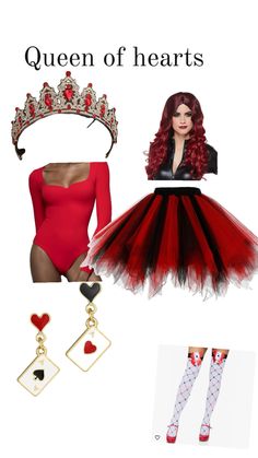 the queen of hearts costume is shown in red and black, while she wears a tiara