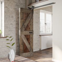 a living room with brick walls and wooden doors