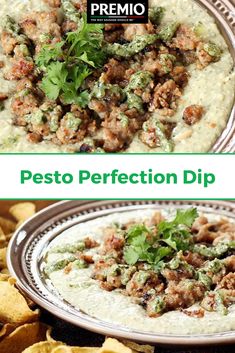 two pictures with different types of food and the words pesto perfection dip on them