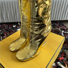 Gold Metallic Fendi Boots With Ff Heel. Box And Dust Bags Included Brand New Fendi Boots, Platform Wedges Shoes, Vintage Fendi, Round Toe Pumps, Lace Heels, Nike Tennis Dress, Fendi Shoes, Crocs Shoes, Espadrilles Wedges