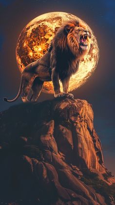 a lion standing on top of a rock with the moon in the background