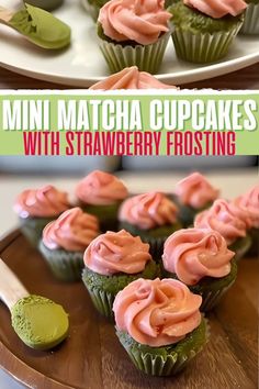 mini strawberry matcha cupcakes sitting on a plate