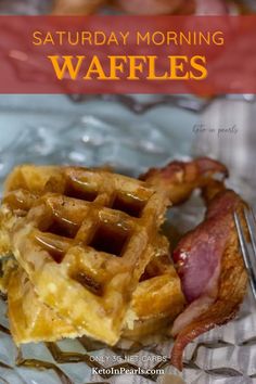 a plate with waffles and bacon on it