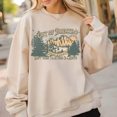 A fun sweatshirt for the hiker, nature lovers. Outdoor lovers. THANK YOU- we are incredibly grateful for your support of our small but mighty women owned business.                   * Designed and printed and shipped in the USA  *No rubbery vinyl, dull color sublimation, or cracking scratchy screen print. Our designs are printed using the highest quality professional direct to garment (DTG) process. Our sweatshirts are the ever popular trusted brand GILDAN. It is pre-shrunk, pull-resistant, and quarter-turned so it won't crease in the middle. Made from specially spun cotton fibers that make very strong and smooth fabric. Made from 50% polyester and 50% sustainably sourced USA cotton, they're very soft to the touch.   Made from specially spun cotton fibers that make very strong and smooth f Retro Hiking, Women Owned Business, Funny Nature, Out Of Breath, Hiker Gifts, Hiking Shirt, Hiking Gifts, Dull Colors, Nature Shirts