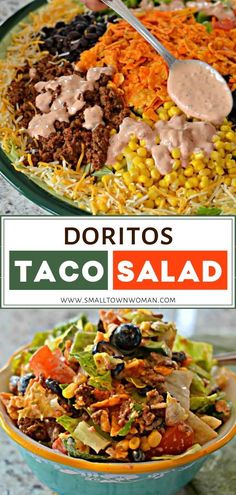 a bowl filled with taco salad next to the words doritos taco salad