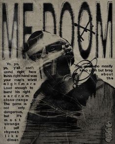 a black and white photo of a man in a helmet with words written on it