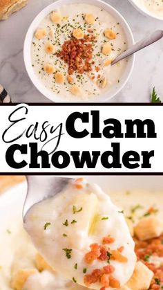 a spoon full of clam chowder with text overlay that reads easy clam chowder