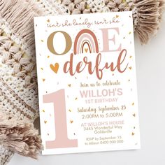 a pink and gold onederful birthday party card with the number one on it