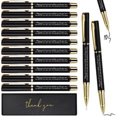 six pens with the words thank you written on them and one pen in gold ink