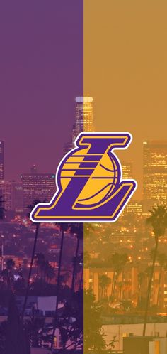 the los angeles lakers logo is shown in front of a cityscape with palm trees