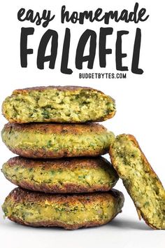 some food that is stacked on top of each other with the words easy homemade falafel above it