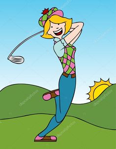 a cartoon girl playing golf on a sunny day