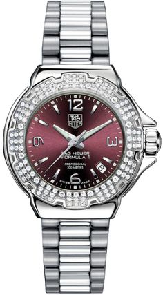 WAC1219.BA0852 TAG HEUER FORMULA 1 LADIES QUARTZ WATCH Store Display Model (What's This?) - Free Overnight Shipping - With Manufacturer Serial Numbers - Swiss Made - Maria Sharapova Advertised Piece - Maroon Red Dial - 120 Diamonds on Bezel (.80 Carat) - Battery Operated Quartz Movement - 3 Year Warranty - Guaranteed Authentic - Certificate of Authenticity - Polished with Brushed Steel Case & Bracelet - Scratch Resistant Sapphire Crystal - Manufacturer Box & Manual - 200 Meters / 660 Feet Water-Resistant - 37mm = 1 3/8" Case, 6" Adjustable Bracelet - Deployment Buckle - Luminescent Hands & Markers - Screw Down Crown & Caseback - Free Bracelet Sizing - Free Lifetime Battery Replacement     Also Known As Model # WAC1219 BA0852 / WAC1219BA0852 Tag Heuer Women, Tag Heuer Formula 1, Tag Heuer Formula, Rolex Women, Swiss Army Watches, Tag Heuer Watch, Ceramic Watch, Invicta Watches, Authentic Watches