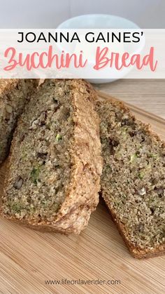 banana and zucchini bread is cut in half on a cutting board with text overlay