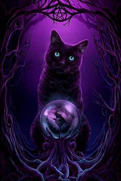 a black cat sitting on top of a ball in front of a purple background with trees