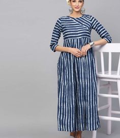 Designer Long Dresses, Kamiz Design, Saree Bride, Light Up Dresses, A Line Kurti, Stripes Dress, Cotton Gowns