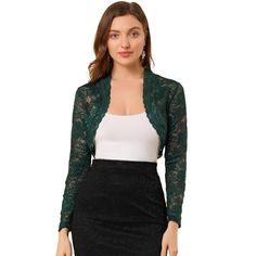 It's designed with floral lace and an open front for a comfortable fit. Crafted from soft and knit fabric, this lace cardigan features feminine full sleeves, and a scalloped hem, and is perfectly covered up with sleeveless dresses for a wedding look. A must-have item in your clothing wardrobe, the lace bolero has long sleeves, and semi-sheer lace, and is finished with a cropped length and could be stretchy a bit. Dresses For A Wedding, Shrug Top, Clothing Wardrobe, Long Sleeve Shrug, Cropped Shrug, Lace Shrug, Lace Bolero, Bolero Shrug, Sheer Long Sleeve