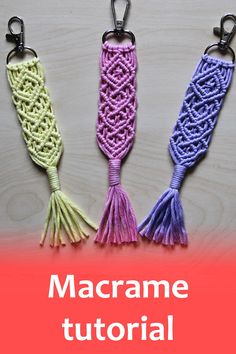 three crocheted key chains with the text free video