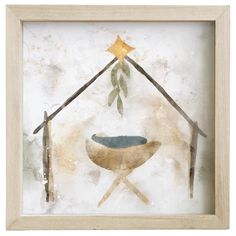 an abstract painting in a wooden frame with sticks and a bowl on it's side