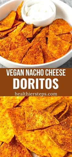 vegan nacho cheese tortilla chips in a white bowl