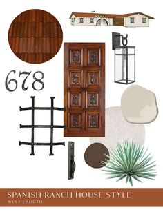 the spanish ranch house style mood board is shown in brown, white and tan tones