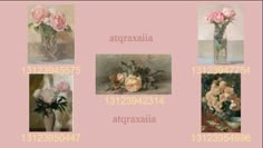 four different pictures of flowers in vases on a pink background with the names of them