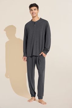 Henry TENCEL™ Modal Long PJ Set - Charcoal Heather - Eberjey Henry Styles, Ribbed Lounge Set, Mens Henley, Lounge Pajamas, Casual Joggers, Henley Top, Fashion Joggers, Mens Pajamas, Pj Sets