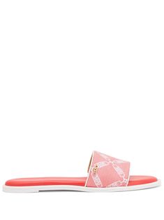 coral red logo-print strap round open toe branded footbed flat rubber sole slip-on style Beach Open Toe Slides With Red Sole, Beach Slides With Red Sole And Open Toe, Michael Kors Pink Open Toe Sandals, Michael Kors Open Toe Sandals, Michael Kors Slip-on Sandals For Vacation, Michael Kors Sandals For Spring, Michael Kors Flat Sandals, Michael Kors Flats, Latest Sandal