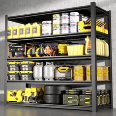 a shelf filled with lots of yellow and black items