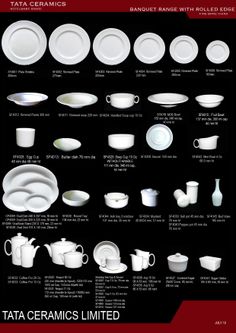 an image of various white dishes and cups with names in english or chinese, including the words tata ceramics limited